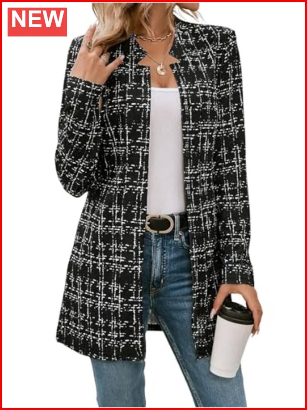Plaid Tweed Blazer Jacket Slim Fit Long Sleeve Notch Lapel